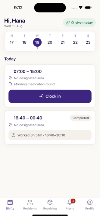 The staff app shifts screen showing a 07:00 to 15:00 shift with a clock in button.
