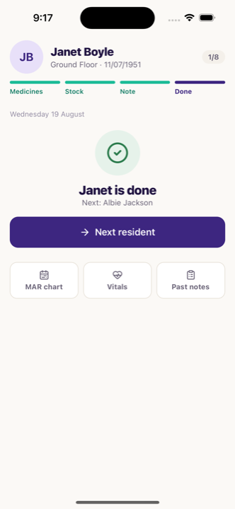 The done step of the round, showing the next resident to visit.