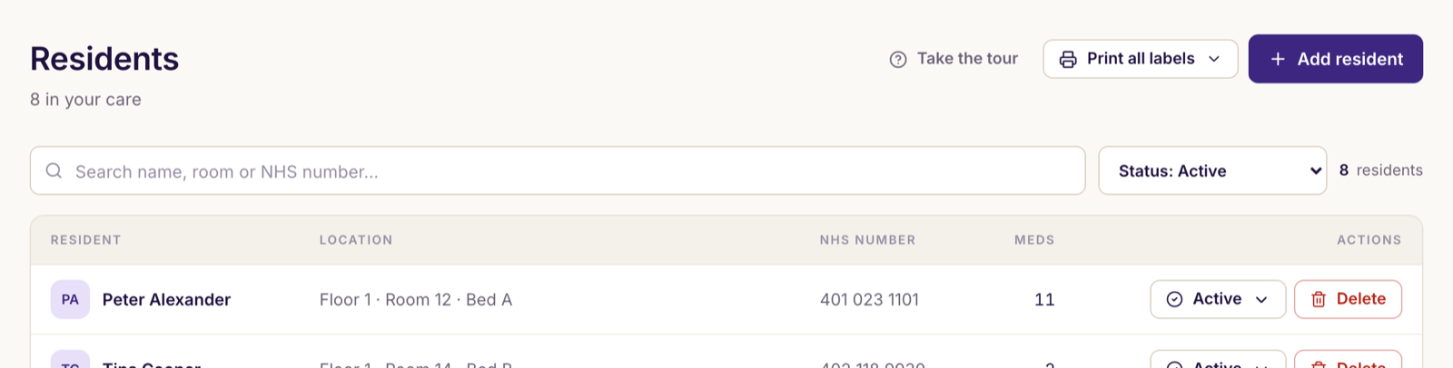 Adding a resident: name, date of birth, NHS number and their floor, area, room and bed.
