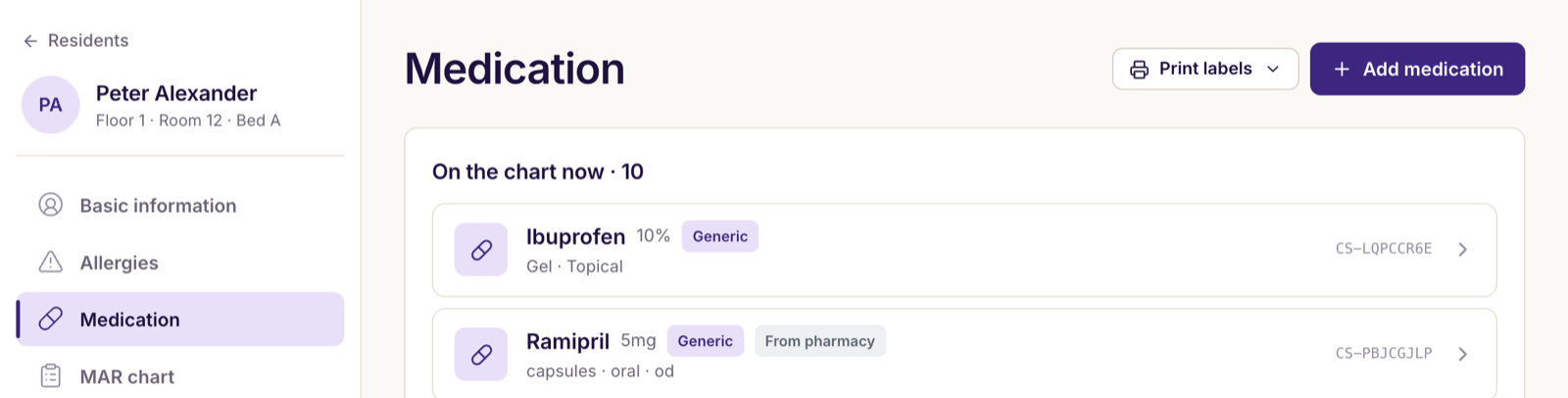 A resident's medication list with dose, route, frequency and a generated barcode for each item.