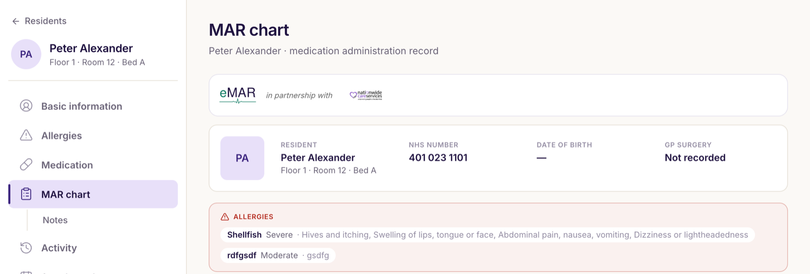 The eMAR dashboard showing a resident's MAR chart with each medication and dose time laid out across the pharmacy supply cycle.